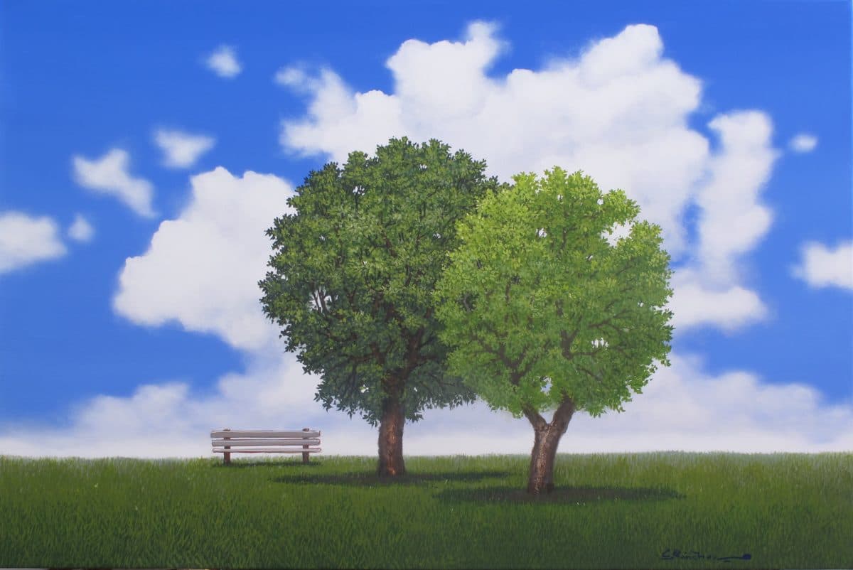 La Banca del Parque, Acrylic on linen, 110 × 140 cm, painting by Enrique Sánchez M.