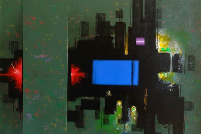 Contraluz en Verde, Acrylic on linen, 90 × 125 cm, painting by Enrique Sánchez M.