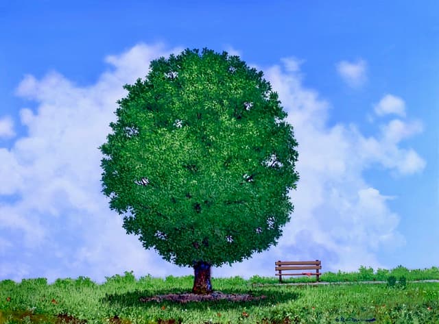 La Banca y El Árbol, Acrylic on canvas, 90 × 120 cm, painting by Enrique Sánchez M.