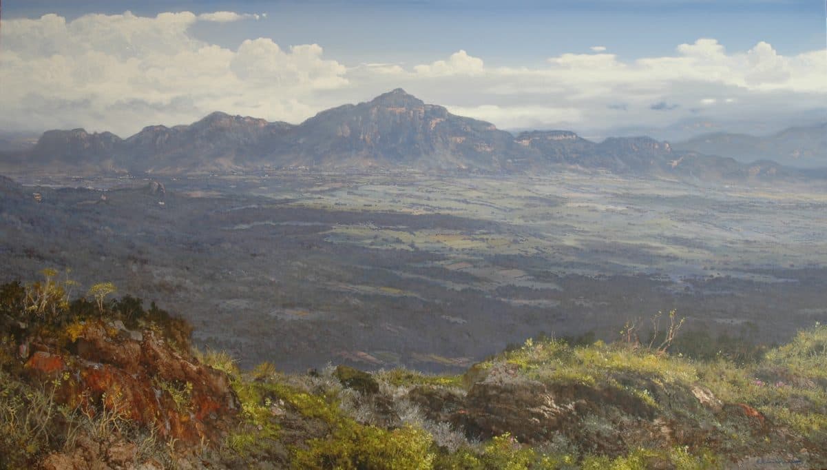 Campos al Pie del Tepozteco, Acrylic on linen, 145 × 250 cm, painting by Enrique Sánchez M.