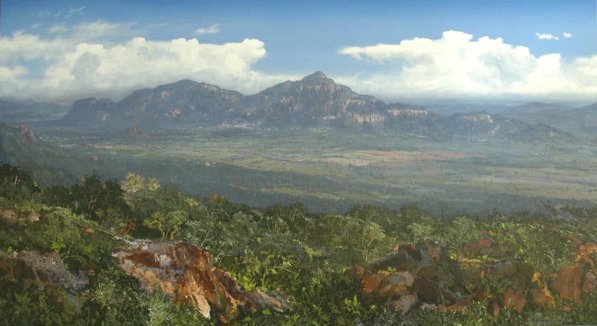 El Tepozteco, Acrylic on linen, 190 × 335 cm, painting by Enrique Sánchez M.