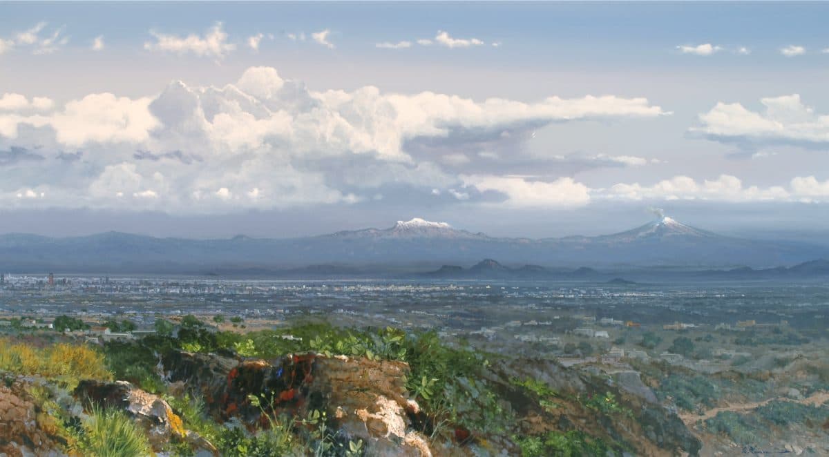 El Gran Valle de México, Acrylic on linen, 160 × 220 cm, painting by Enrique Sánchez M.