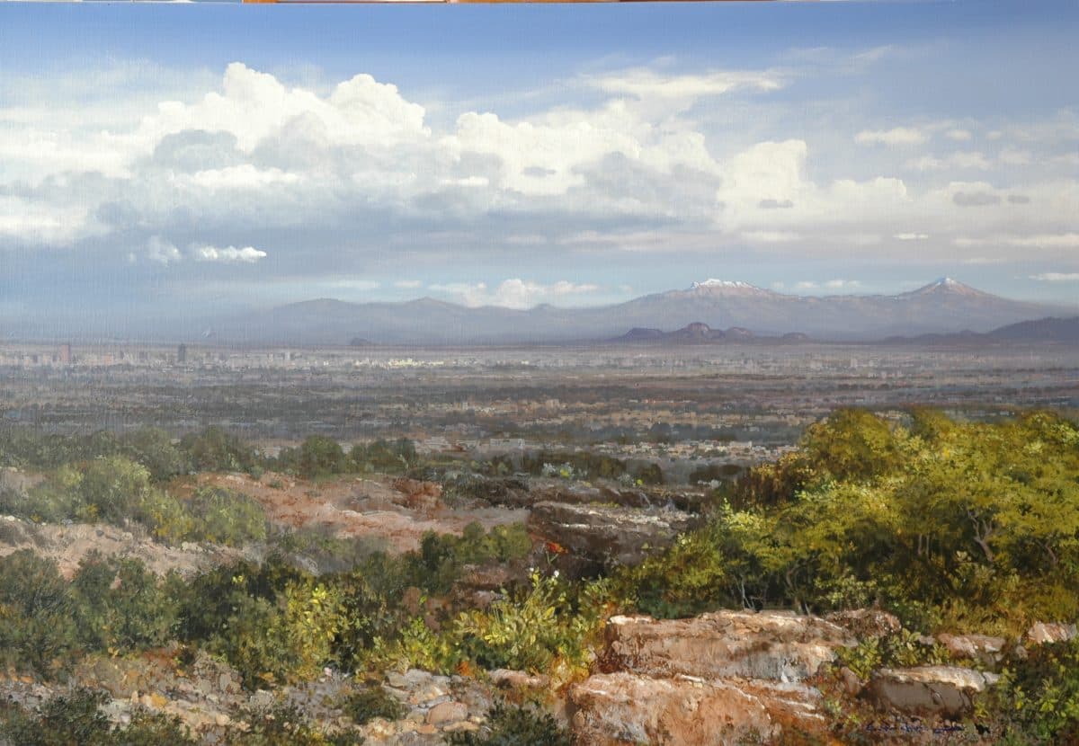 Valle de México, Acrylic on linen, 80 × 110 cm, painting by Enrique Sánchez M.