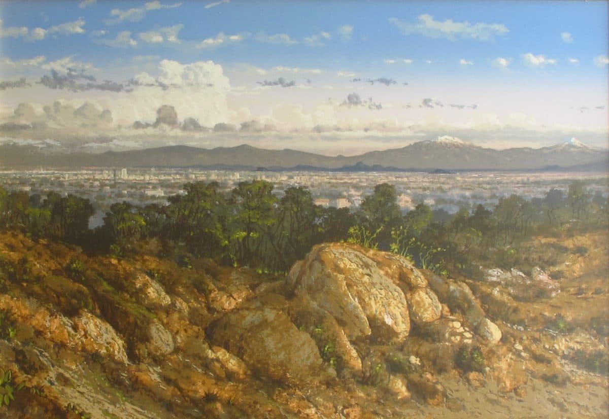 Rocas Frente al Valle, Acrylic on linen, 80 × 110 cm, painting by Enrique Sánchez M.