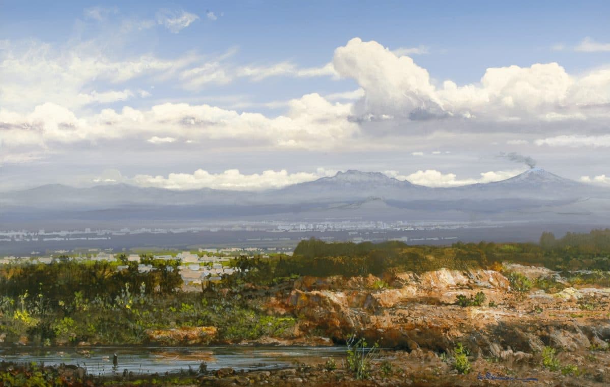 Laguna Frente al Valle, Acrylic on linen, 140 × 180 cm, painting by Enrique Sánchez M.
