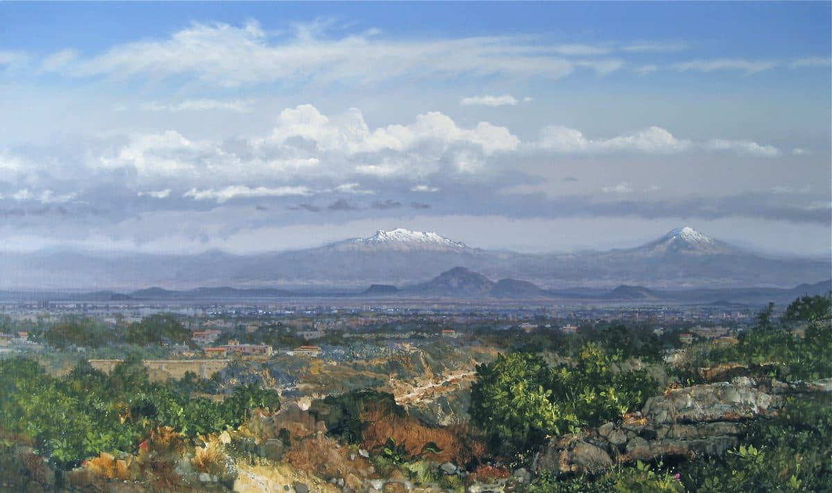 Valle desde el Poniente, Acrylic on linen, 120 × 160 cm, painting by Enrique Sánchez M.
