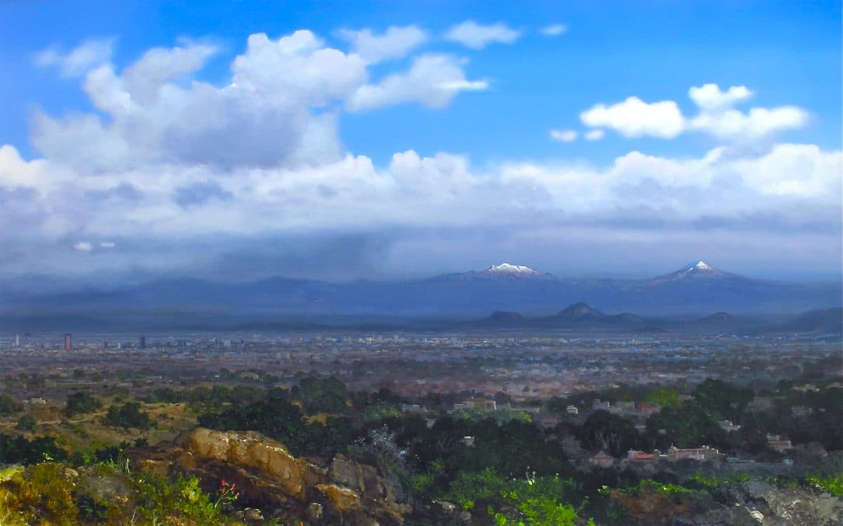 Valle de México, Acrylic on linen, 145 × 250 cm, painting by Enrique Sánchez M.