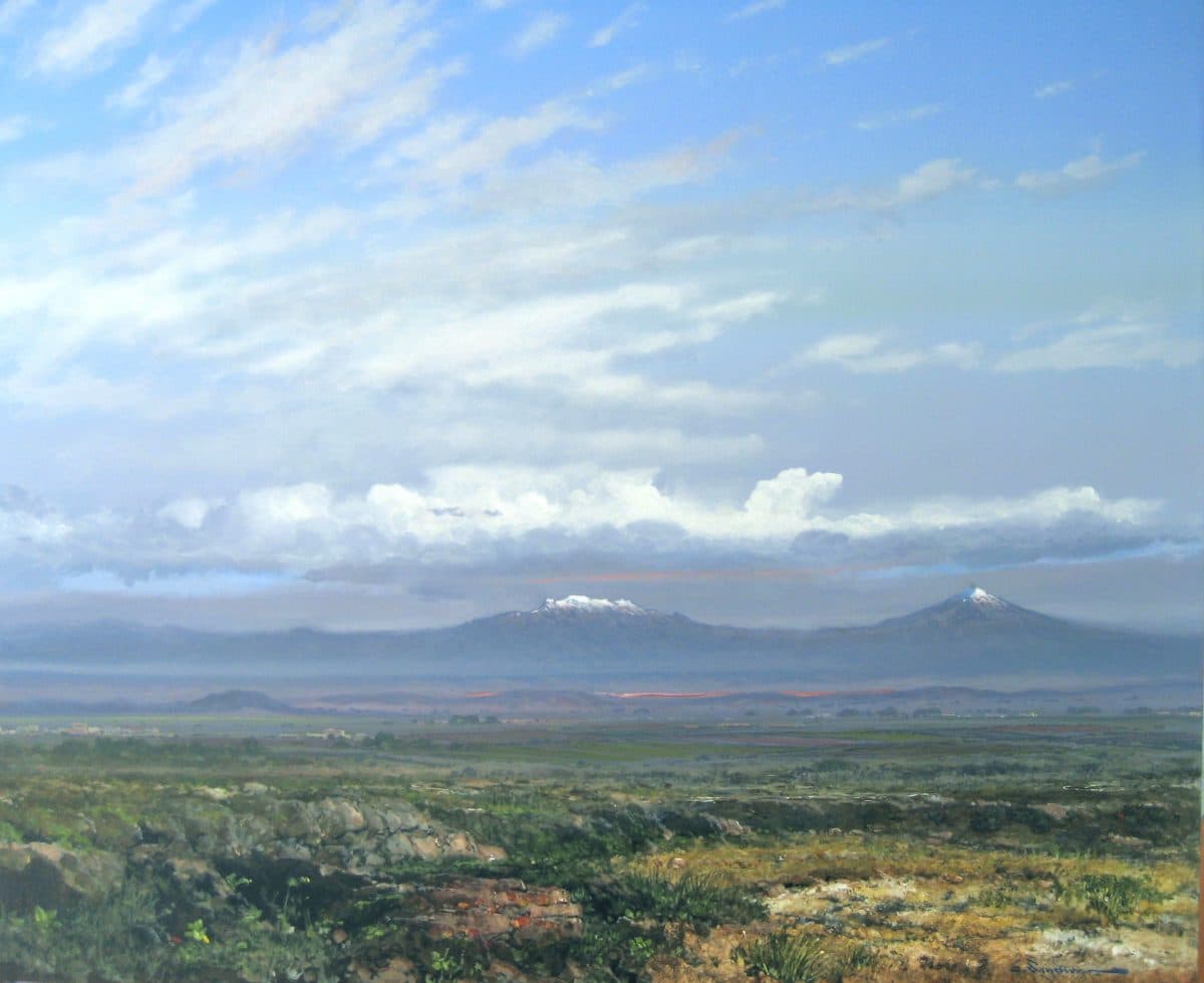 Los Volcanes, Acrylic on linen, 200 × 125 cm, painting by Enrique Sánchez M.