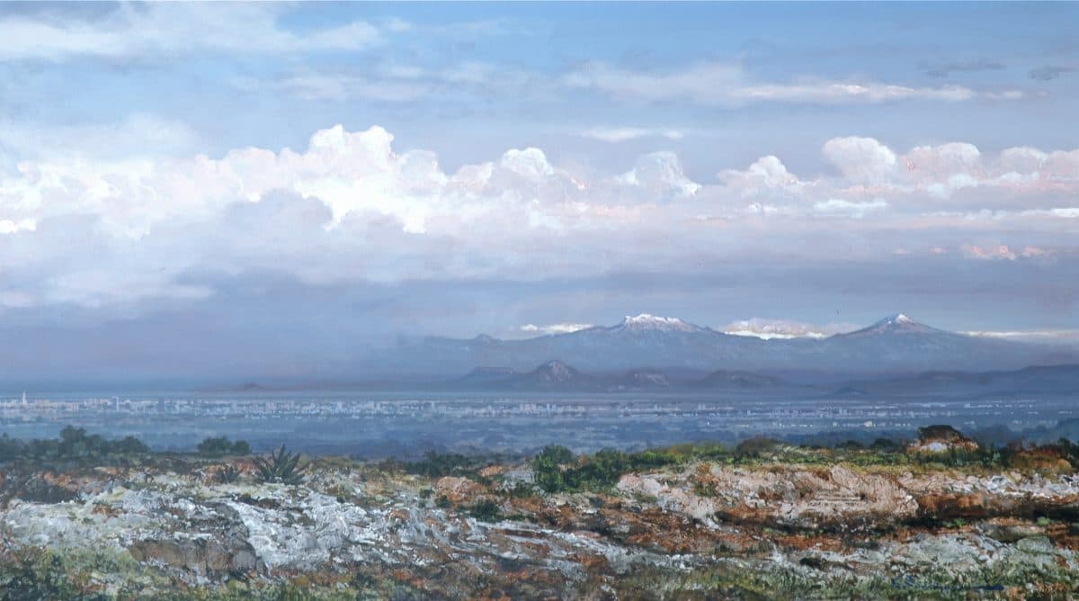 Lluvia en el Valle, Acrylic on linen, 145 × 250 cm, painting by Enrique Sánchez M.