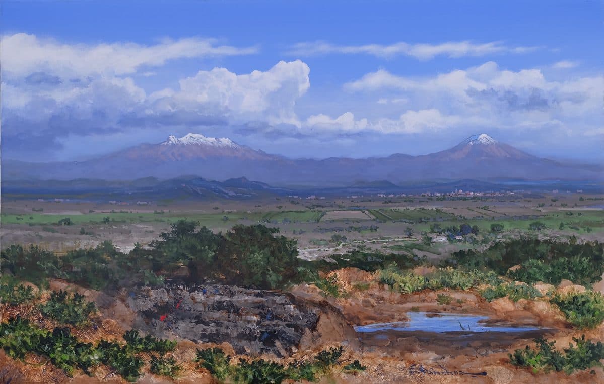 Campo Frente al Valle Soleado, Acrylic on linen, 150 × 260 cm, painting by Enrique Sánchez M.